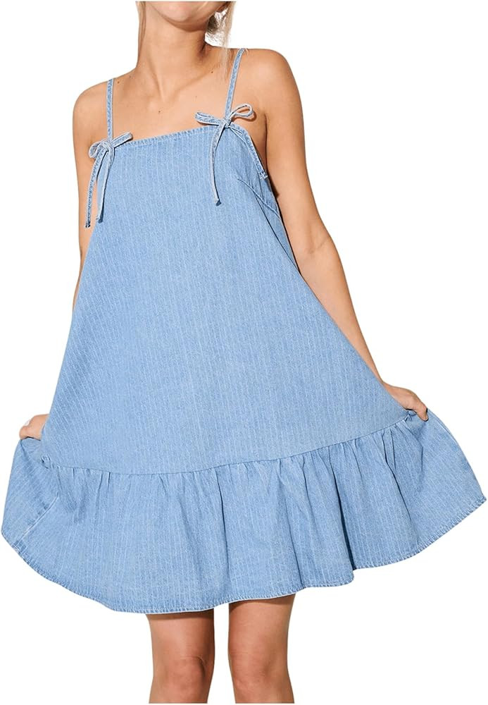MakeMeChic Women's Striped Babydoll Short Denim Dress Knot Front Ruffle Hem Mini Dresses with Poc... | Amazon (US)