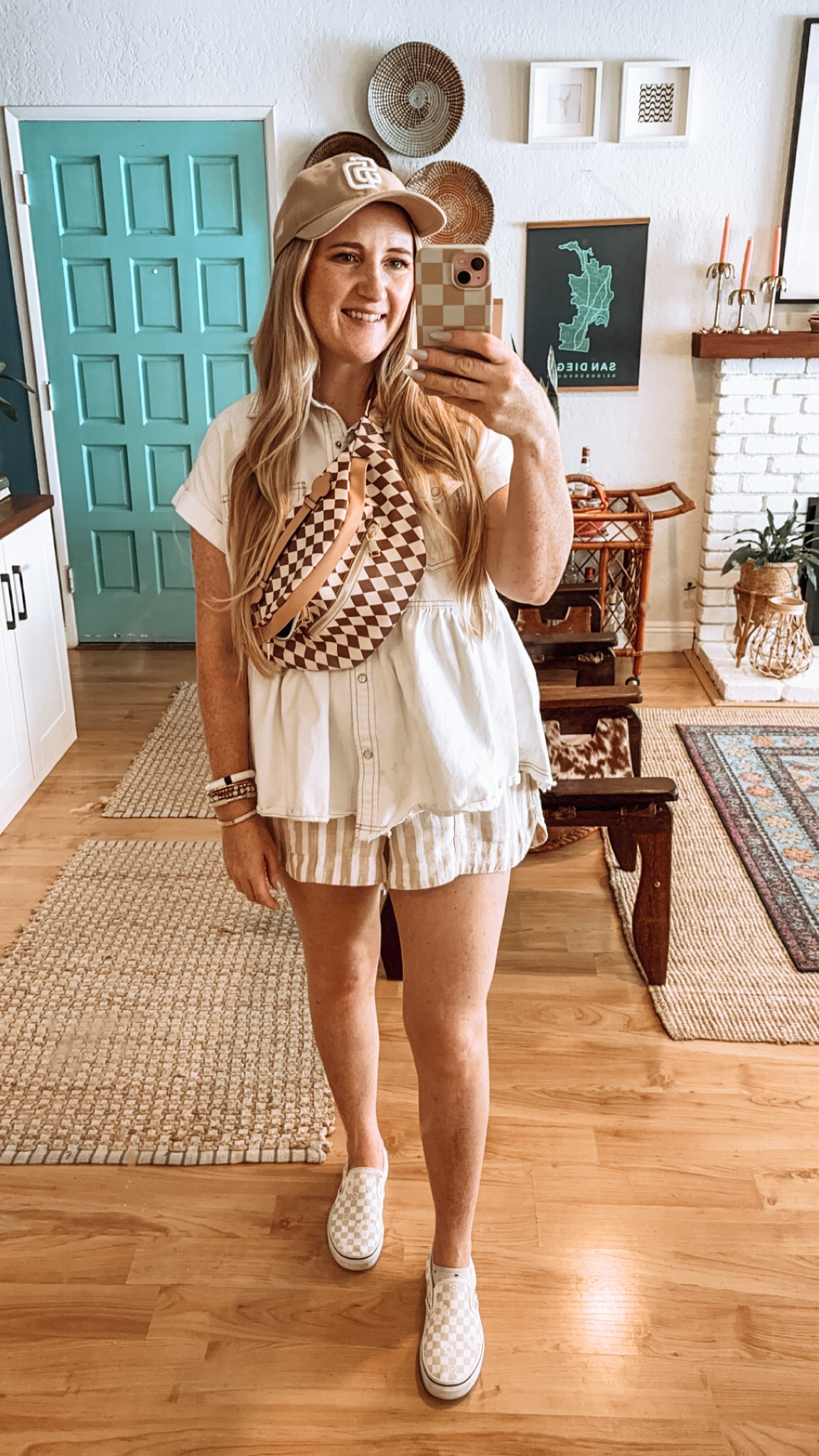 Neutral summer outfit, capsule wardrobe, casual outfit, mom style, summer shorts, vans, crossbody bag, checkered bag, neutral baseball cap, baseball cap 

#LTKStyleTip #LTKFindsUnder100 #LTKFindsUnder50