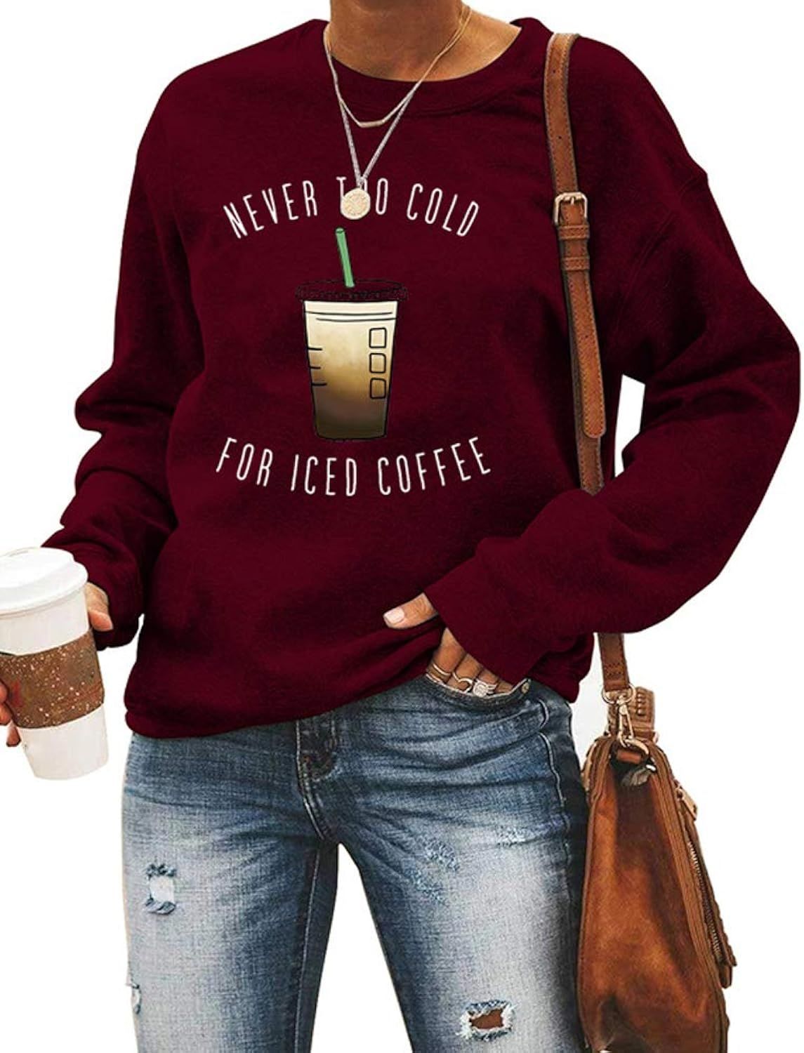 Women Long Sleeve Never Too Cold for Iced Coffee Sweatshirt | Amazon (US)