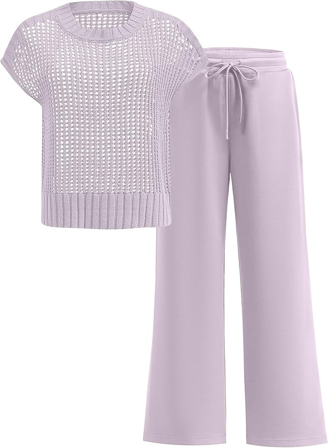 ANRABESS Women Two Piece Outfits Crochet Sheer Knit Sweater Top Wide Leg Pants Lounge Matching Se... | Amazon (US)