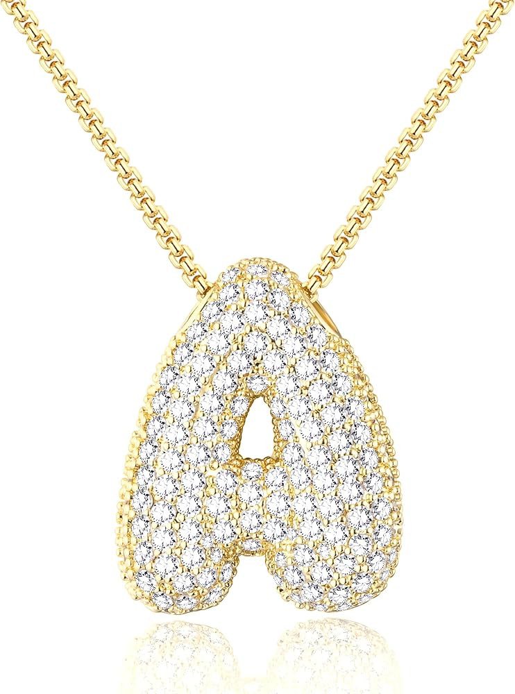 Bubble Letter Necklace Gold for Women, Gold/Silver Initial Letter A-Z Charm Balloon Pendant Zirco... | Amazon (US)