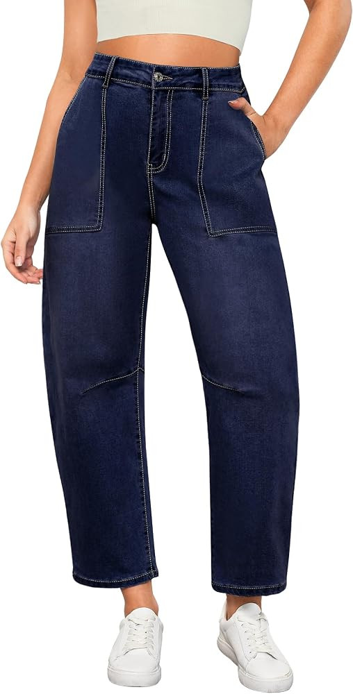 GRAPENT Barrel Jeans for Women High Waisted Trendy Wide Leg Baggy Ankle Length Stretchy Denim Tro... | Amazon (US)