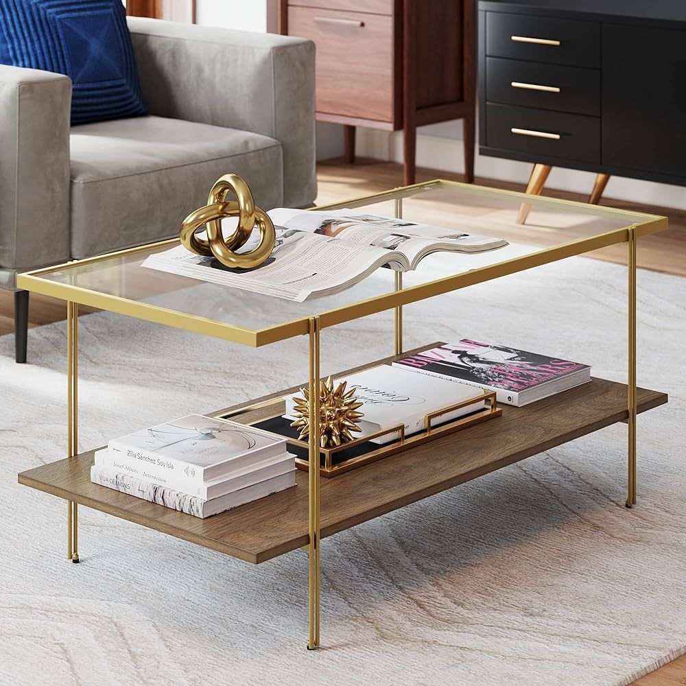 Nathan James Asher Mid-Century Rectangle Coffee Table Glass Top and Rustic Oak Storage Shelf with... | Amazon (US)