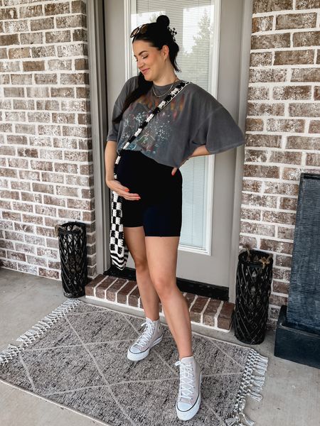 OOTD styling this bump with a graphic tee, maternity biker shorts, nude converses and this checkered bag 

#LTKunder50 #LTKstyletip #LTKsalealert
