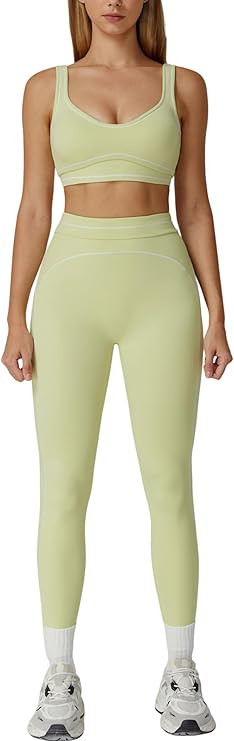 Women 2 Piece Workout U Back Color Block Sports Bra High Waist Tummy Control Active Leggings Yoga... | Amazon (US)