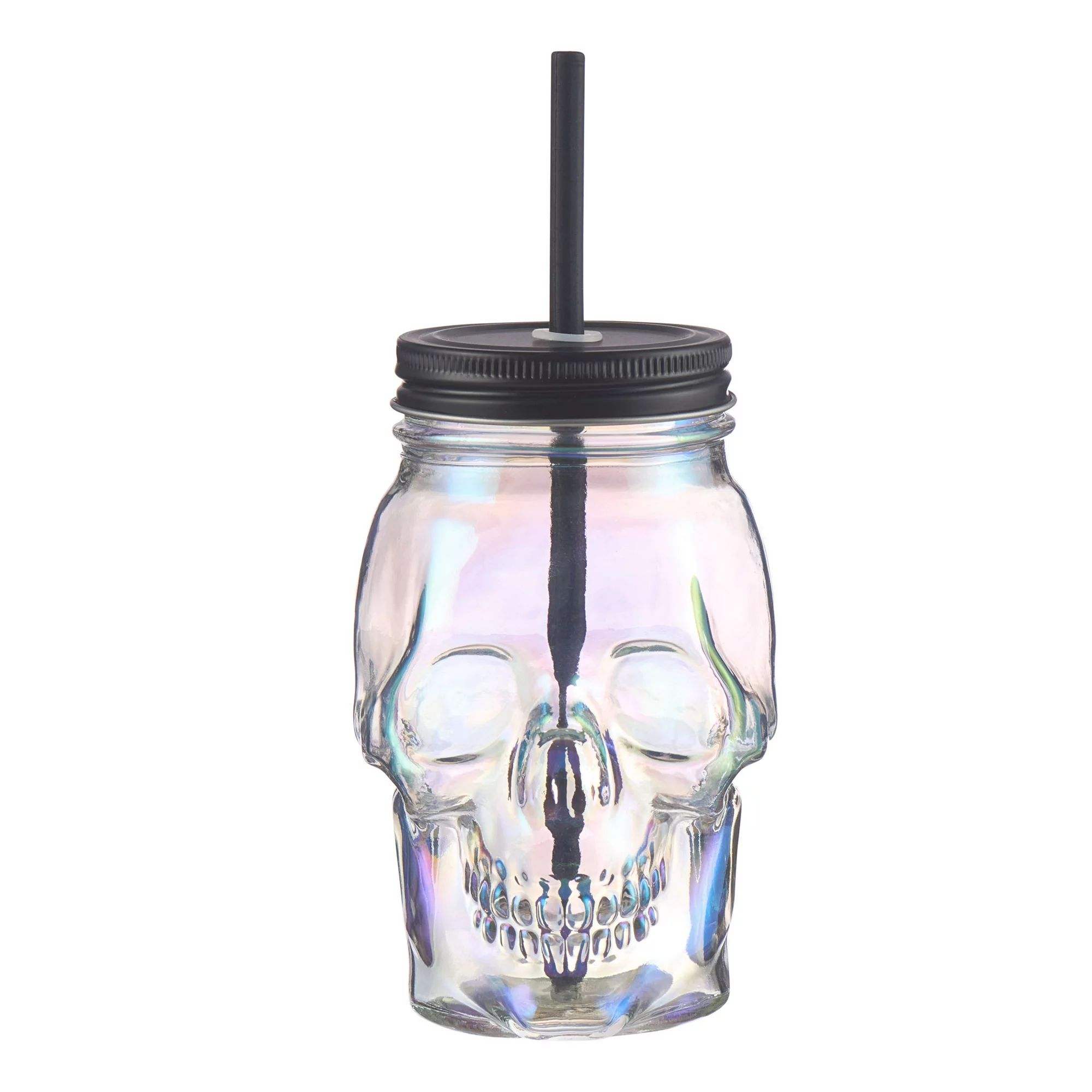 Way to Celebrate 18 oz Clear Iridescent Glass Skull Sipper with Lid & Silicione Straw - Walmart.c... | Walmart (US)