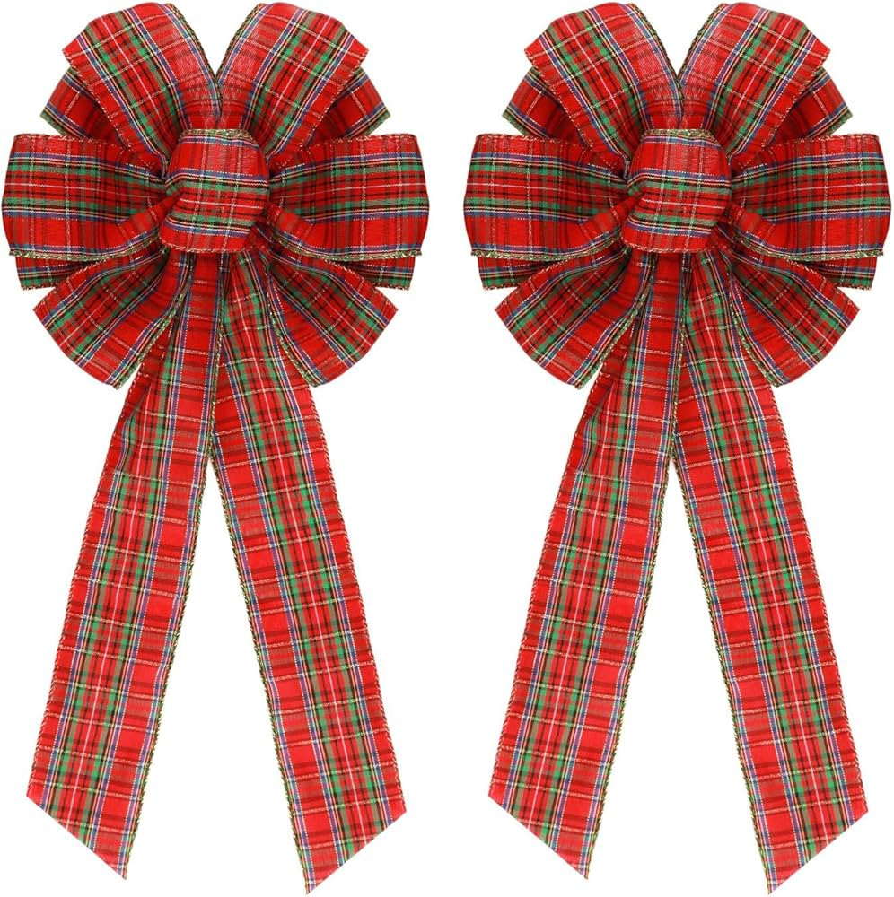 2 Pcs 16 x 8 Inch Large Christmas Red and Green Bows Gold Wreaths Bow for Gift Wrapping Tree Topp... | Amazon (US)