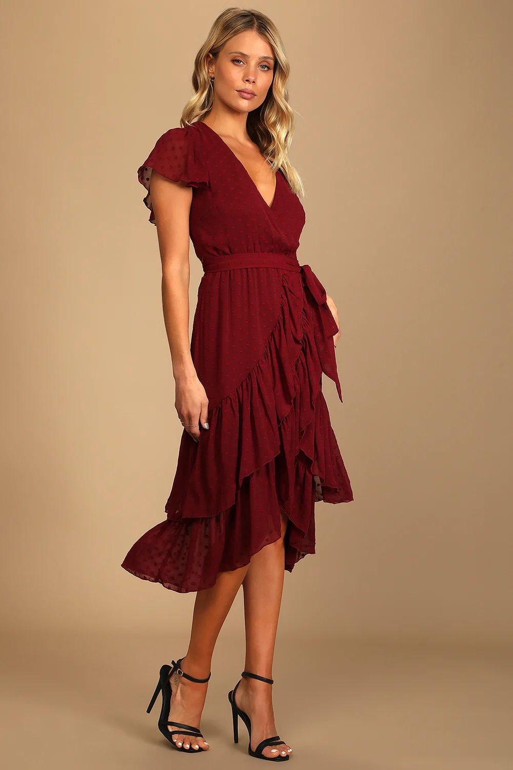 Have Harmony Burgundy Swiss Dot Ruffled Faux Wrap Midi Dress | Lulus (US)