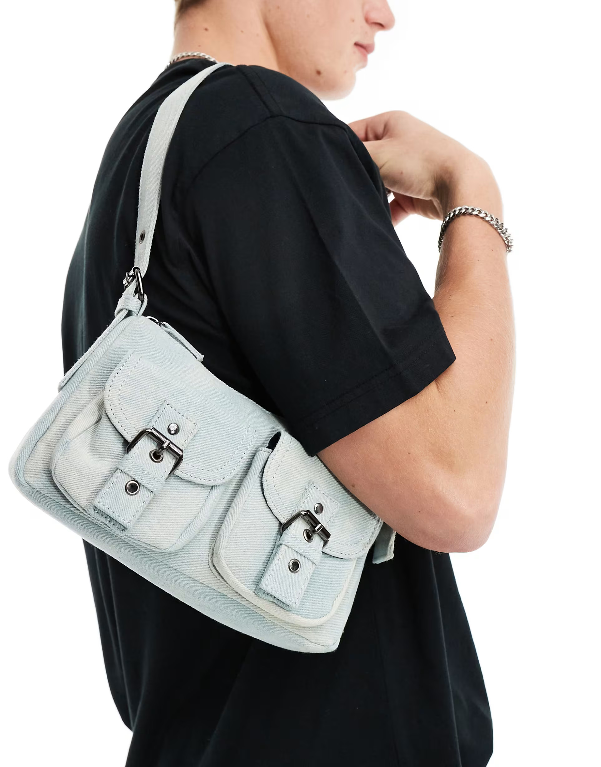 ASOS DESIGN shoulder bag with pockets and buckles in washed denim | ASOS (Global)