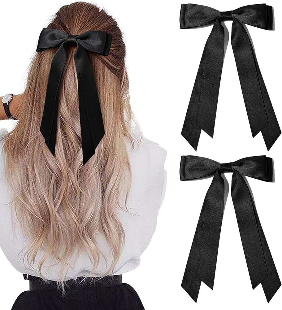 2PCS Silky Satin Hair Bows Hair Clip Black Hair Ribbon Ponytail Holder Accessories Slides Metal C... | Amazon (US)