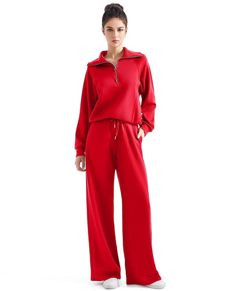 SUUKSESS Women 2 Piece Lounge Matching Set Wide Leg Sweatpant Half Zip Sweatshirt | Amazon (US)