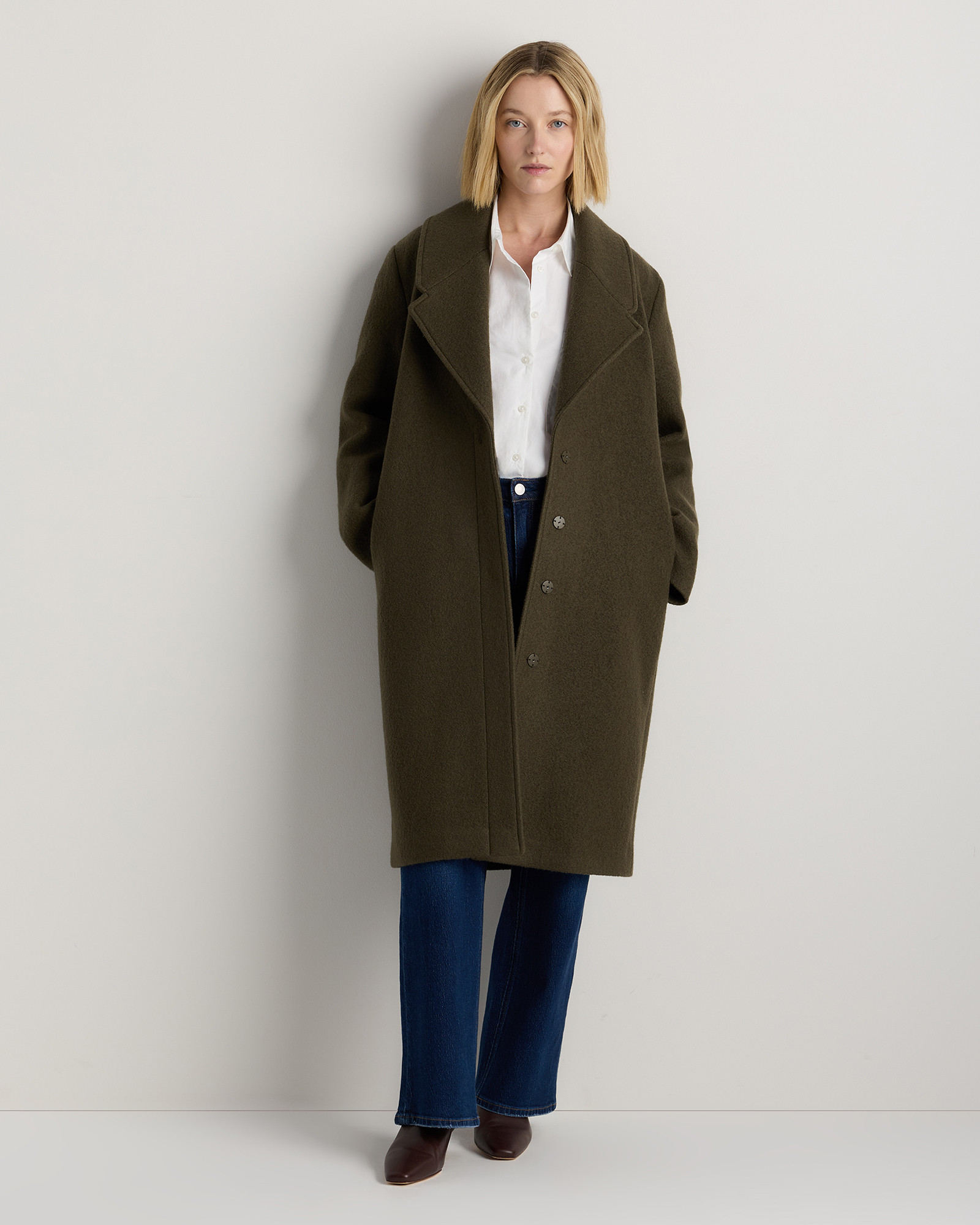 Quince | Women's 100% Merino Wool Shawl Collar Long Coat in Olive Grove, Size XS | Quince