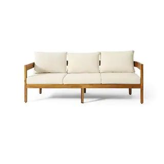 Brooklyn Outdoor Acacia Wood 3 Seater Sofa with Cushions by Christopher Knight Home | Bed Bath & Beyond