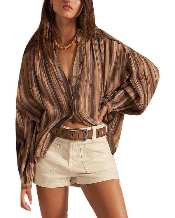Women Front Button Down Vintage Plaid Striped Batwing Blouse Shirt Y2k Long Sleeve V Neck Gingham... | Amazon (US)
