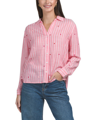 Slub Striped Shirt With Embroidered Rows Of Hearts | TJ Maxx