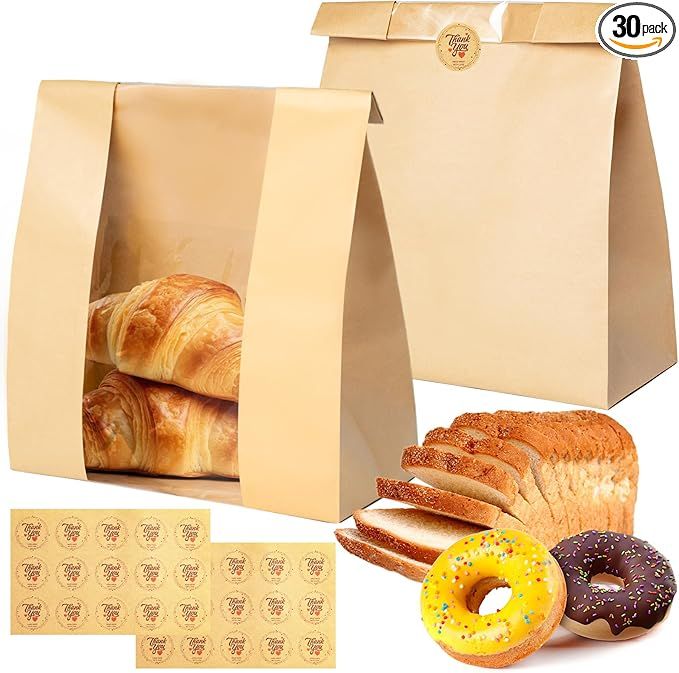 30 Pack Bread Bags for Homemade Bread, Sourdough Bread Bags with Window, Kraft Paper Bread Bags w... | Amazon (US)