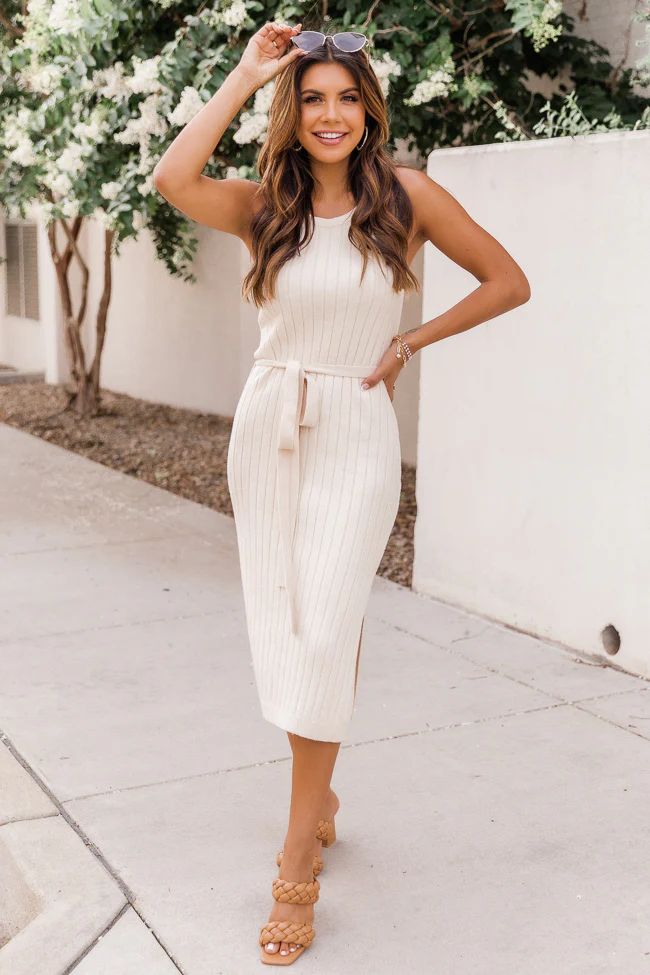 Expecting You Beige Halter Ribbed Midi Dress | The Pink Lily Boutique