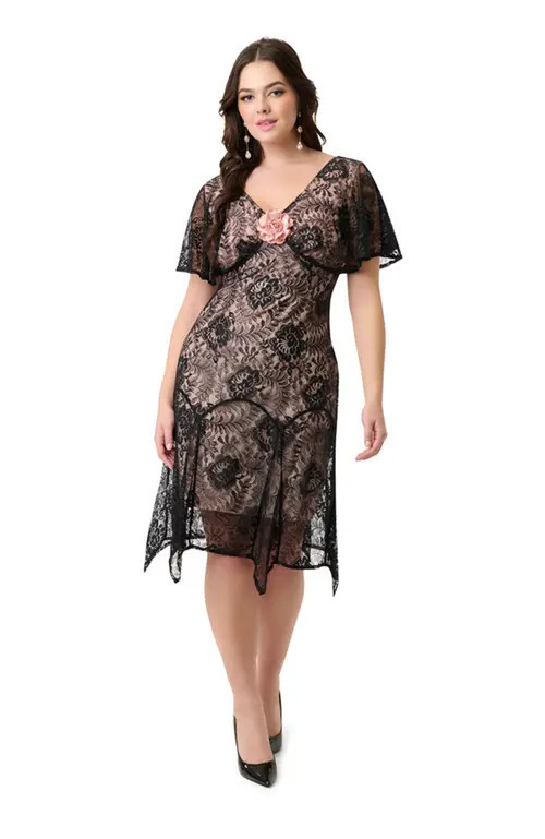 Unique Vintage 1920s Flutter Sleeve Flapper Dress in Black & Peach at Nordstrom, Size Medium | Nordstrom