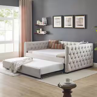 Harper & Bright Designs Tufted Beige Upholstered Full Daybed with Trundle and Copper Nail GCCP48-... | The Home Depot