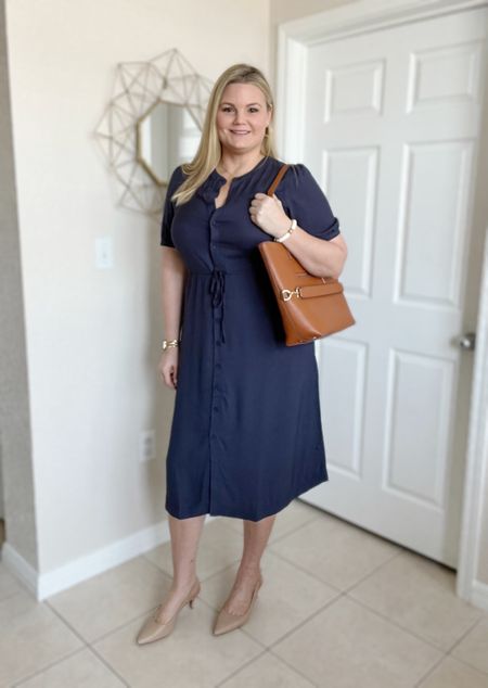 Navy shirt dress with tie waist. Fits TTS but size up if you have a larger chest. I’m in the large but the XL would fit my bust better. Workwear. Teacher outfit. Back to school    

#LTKworkwear #LTKmidsize #LTKover40