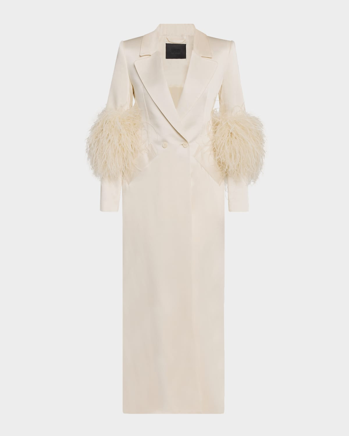 Feather-Trim Satin Double Breasted Long Coat | Neiman Marcus