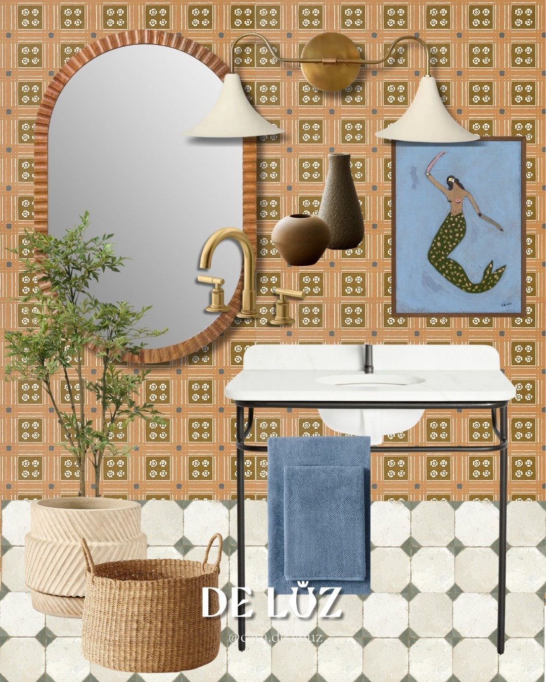 Golden tones, vintage lines, and a little whimsy. This bathroom layers patterned wallpaper, brass fixtures, and sculptural decor for a space that feels nostalgic yet bold. The mermaid art adds just the right touch of playfulness. Linked everything you need to recreate this look on, from the sink to the sconces.

#LTKStyleTip #LTKFamily #LTKHome