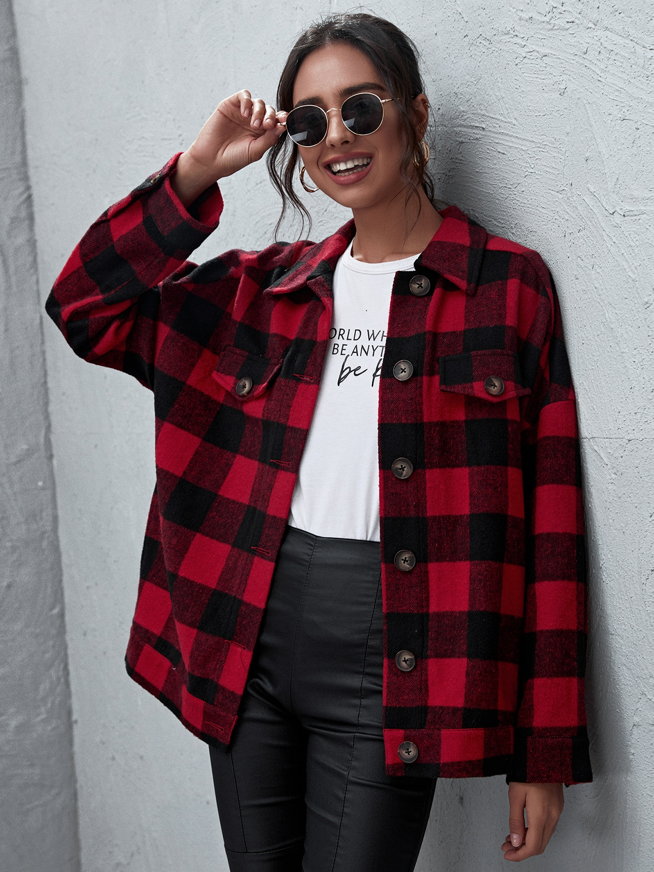 SHEIN Single Breasted Flap Detail Buffalo Plaid Coat | SHEIN