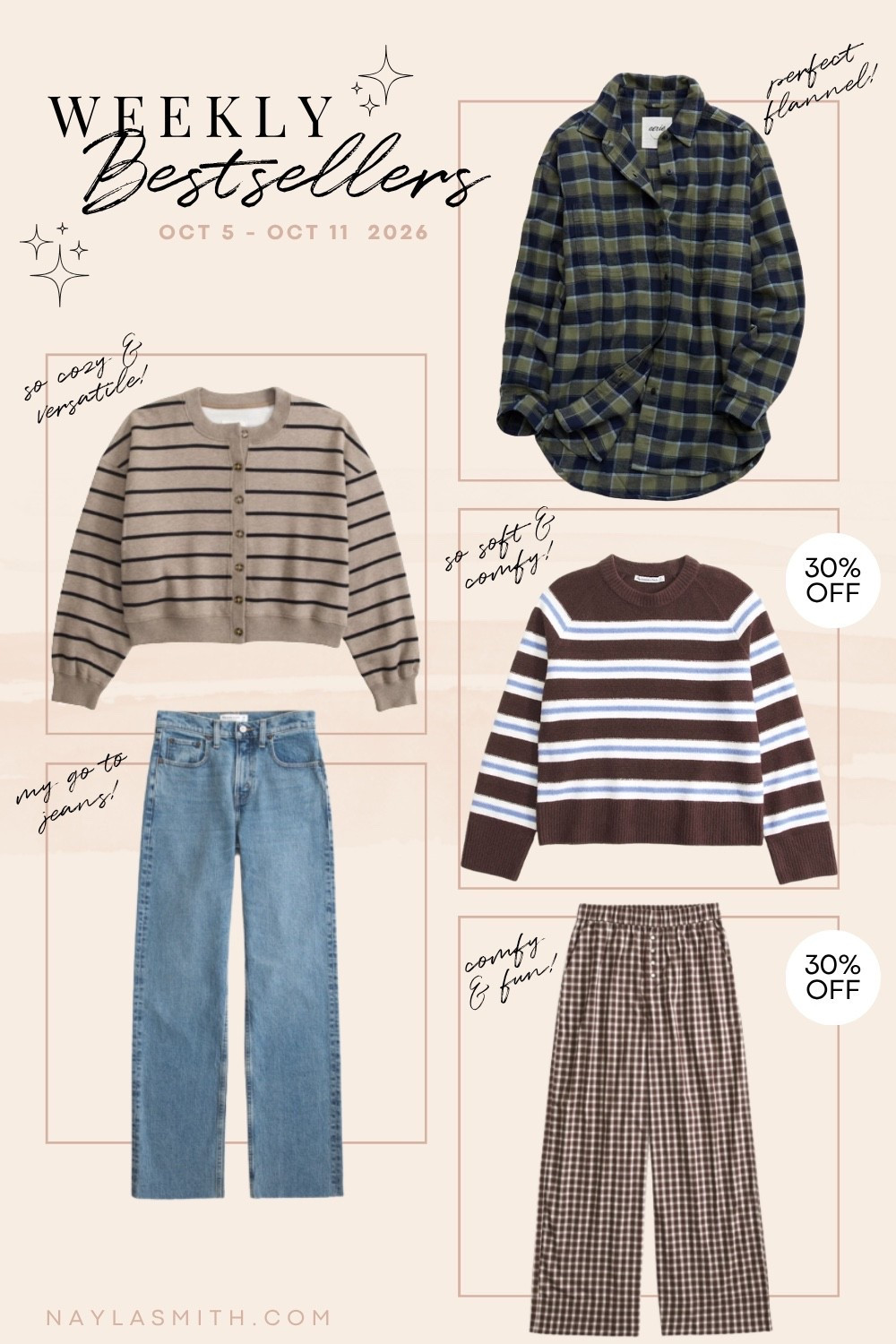 Weekly bestsellers! Sweatshirt cardigan (I wear L), my go to jeans (I wear size 30), plaid flannel shirt (I wear M), striped sweater (I wear XL for an oversized fit), plaid wide leg pants (I wear M)