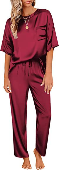 Ekouaer Women's Satin Silky Pajama Set Short Sleeve T-shirt with Long Pajama Pant Se... | Amazon (US)
