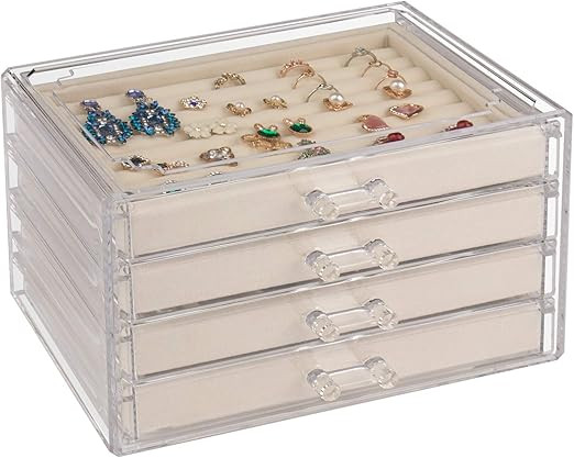 Weiai Acrylic Jewelry Organizer, Clear Jewelry Box with 4 Drawers, Velvet Display Case Storage Ea... | Amazon (US)
