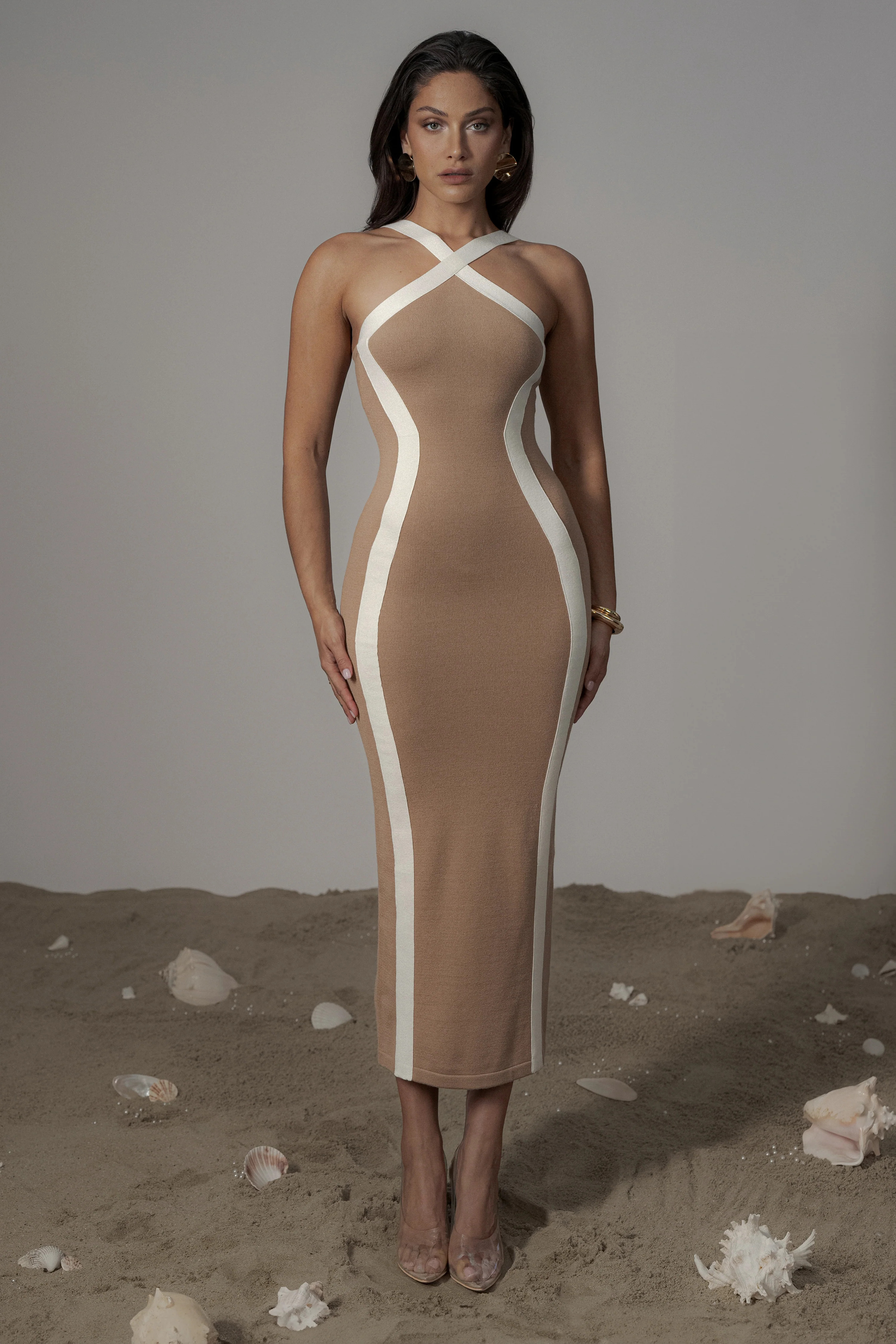 Beige Fabiola Contrast Maxi Dress | JLUXLABEL