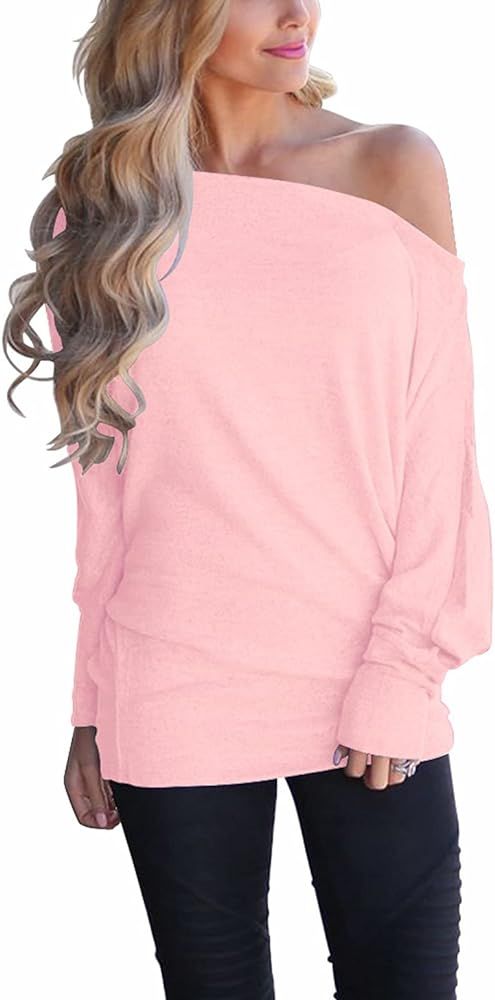 INFITTY Women's Off Shoulder Tops Casual Loose Batwing Sleeve Shirts Tunic Knit Oversized Pullover S | Amazon (US)