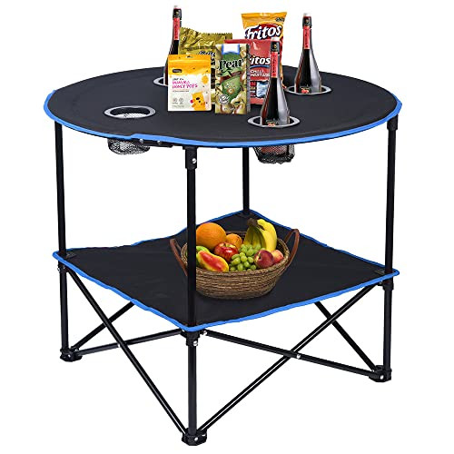 LEADALLWAY Folding Picnic Table Portable Outdoor Camping Table with 4 Cup Holders and Carrying Bags,Collapsible Canvas Travel Table for Outdoor Picnic,Barbecue,Travel,Fishing (Black+Blue) | Amazon (US)