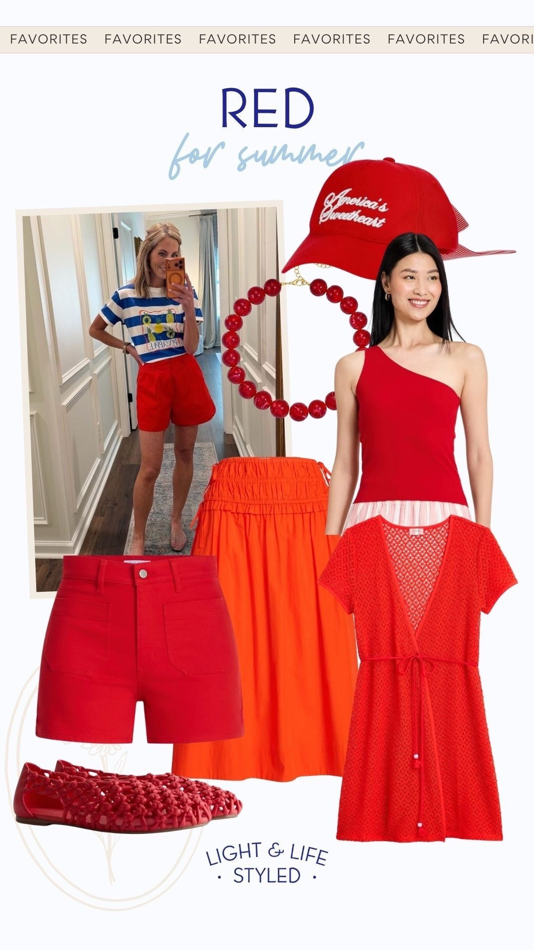 There is just something so classic about a fiery 🔥 red summer look. I’ve rounded up some of my favorites of the season thus far, and they could all pass as designer. This maxi skirt is the most beautiful bright shade of red, and these shorts are a mom-approved length and comfortable. I can’t get over the cute bow on the back of this adorable Americana hat and this chunky beaded necklace is the perfect pop of color to any outfit. 
Fourth of July outfit inspiration, red crochet wrap coverup