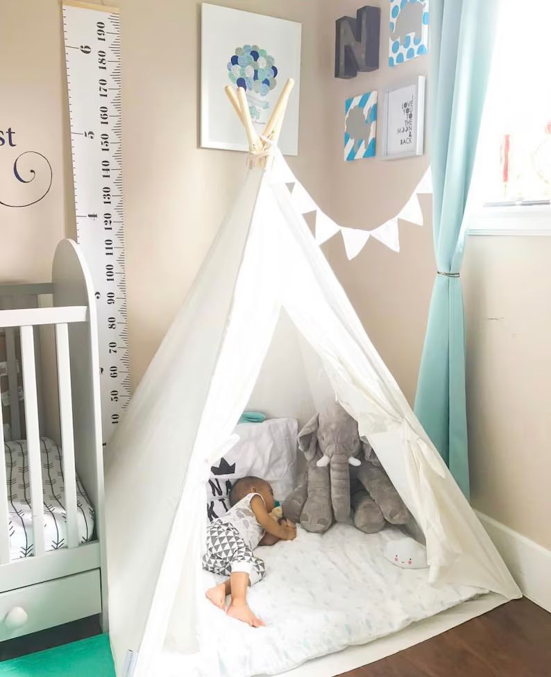 White Canvas Teepee Package with Poles,Floor, Window, Pocket, LED Light,Flags Banner, Storage Bag... | Etsy (US)