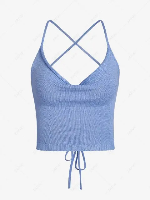 ZAFUL Knitted Cowl Front Lace Up Tank Top - Light Blue | ZAFUL (Global)