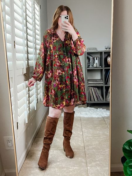 Fall outfit from Walmart. Size medium in dress. Knee high boots from Walmart. Fall dress. Walmart dress. 

#LTKSeasonal #LTKunder50 #LTKstyletip