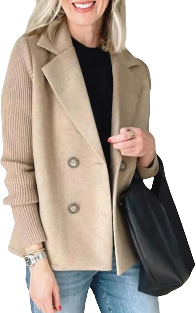 ebossy Women's Double Breasted Wool Pea Coat Notched Lapel Ribbed Knit Long Sleeve Sweater Short ... | Amazon (US)