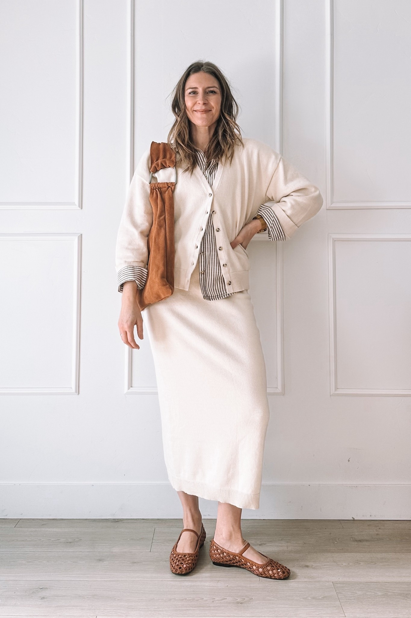 Comfy but still put together outfit with a soft ivory set, striped button down, brown flats, and a slouchy bag.

#LTKmomlife #LTKootd #LTKgrwm