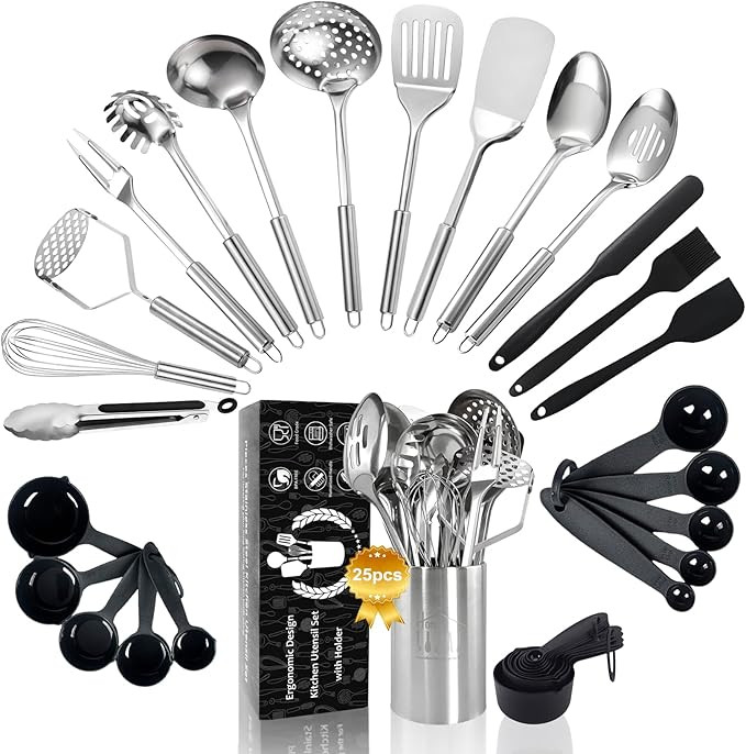 Stainless Steel Cooking Utensils Set, 25pcs Kitchen Utensils Set with Holder, Heat Resistant Kitc... | Amazon (US)