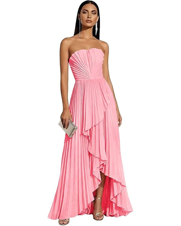Strapless Bridesmaid Dresses for Women 2026 Pleated Satin Hi-Lo Formal Dress for Wedding Guest | Amazon (US)