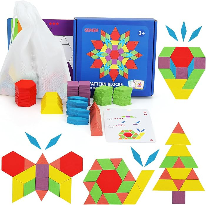 155 Pcs Wooden Pattern Blocks Set Geometric Shape Puzzle | Amazon (US)