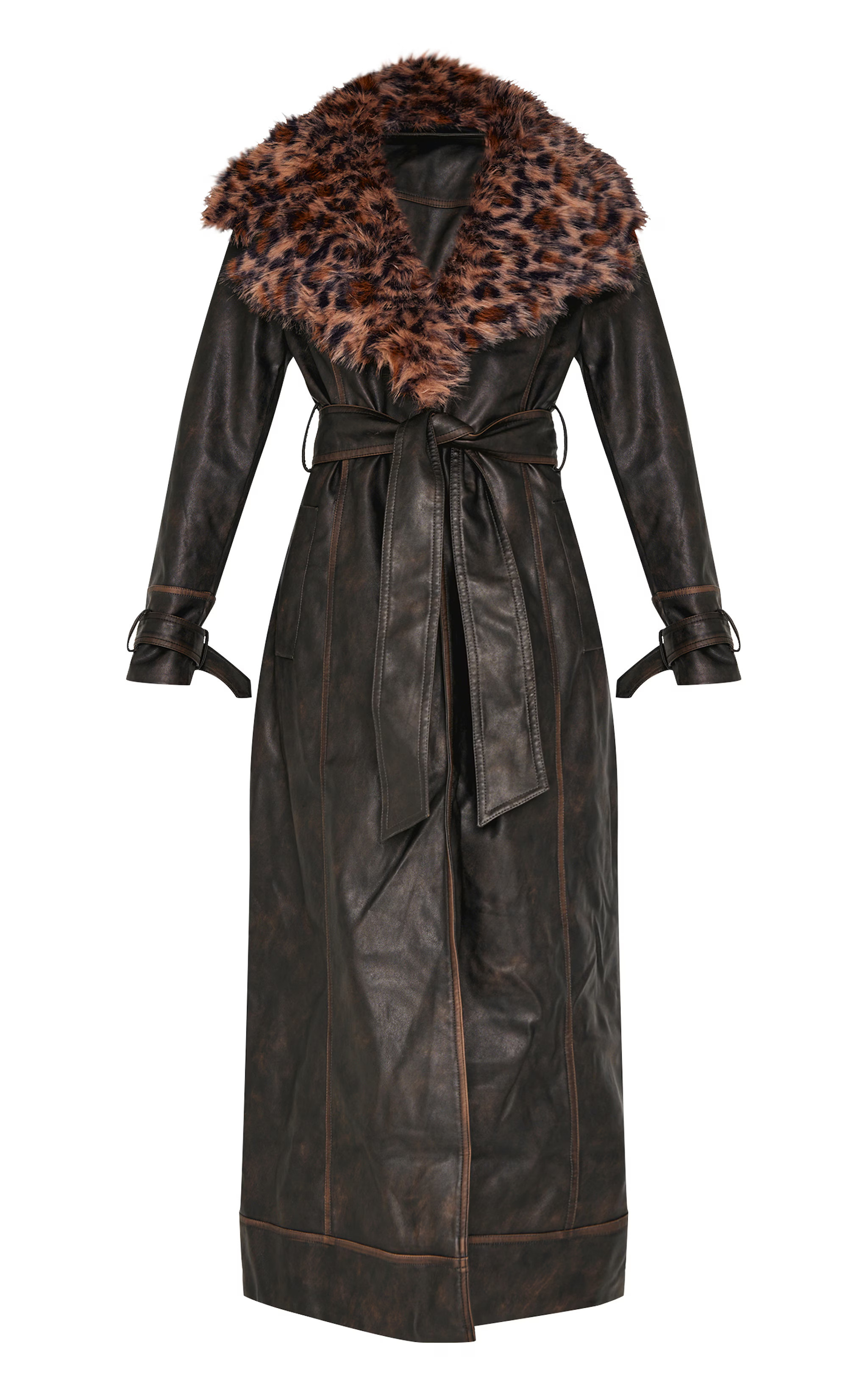 Washed Brown Detachable Leopard Faux Fur Trim PU Trench Coat | PrettyLittleThing US