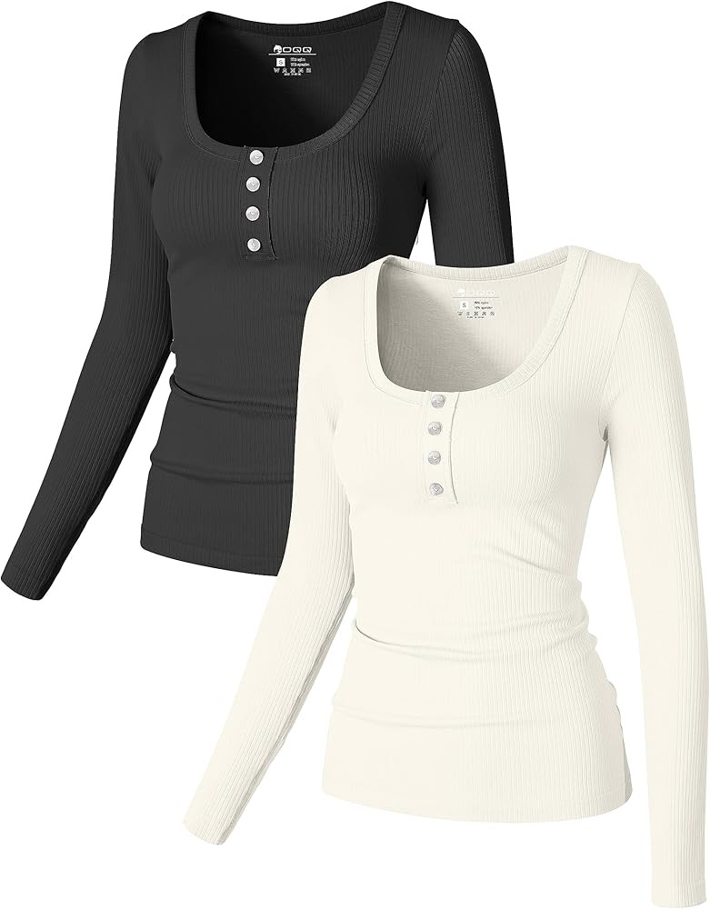 OQQ Womens 2 Piece Long Sleeve Tops Seamless Ribbed Button Stretch Tee Shirts Tops | Amazon (US)