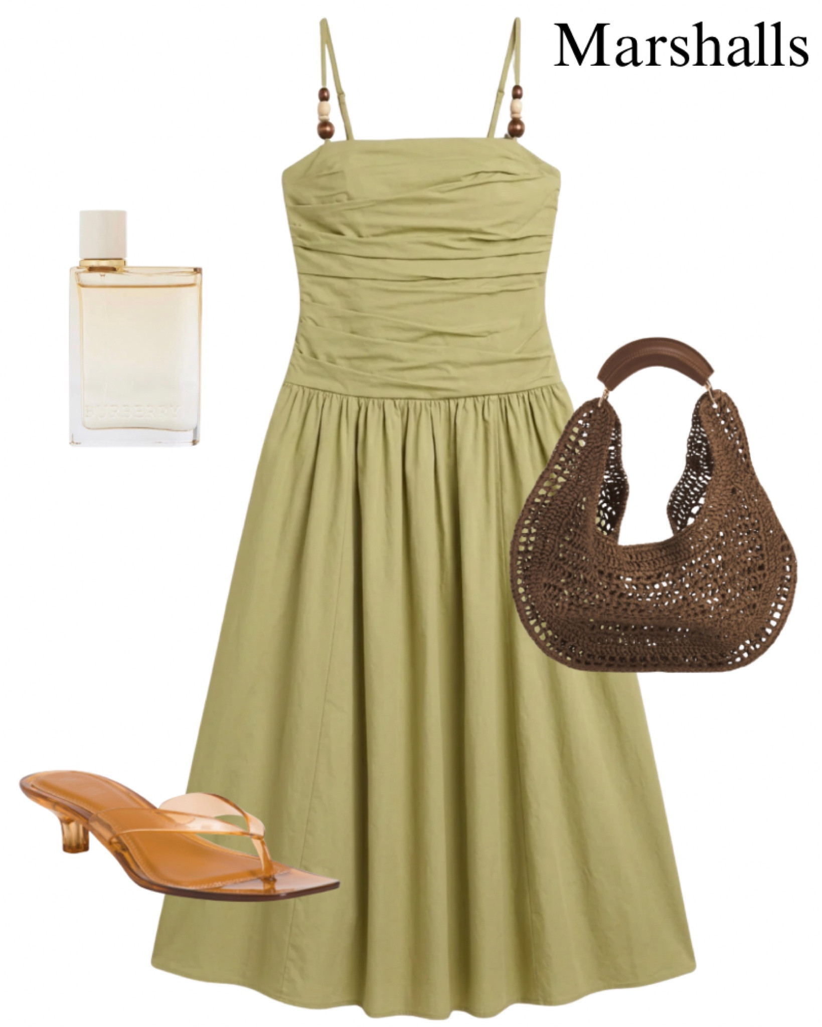 Green maxi dress with beads on sale at Marshall’s, jelly heels, brown woven purse, Burberry perfume, summer outfit idea.

#LTKootd #LTKBeauty #LTKSaleAlert
