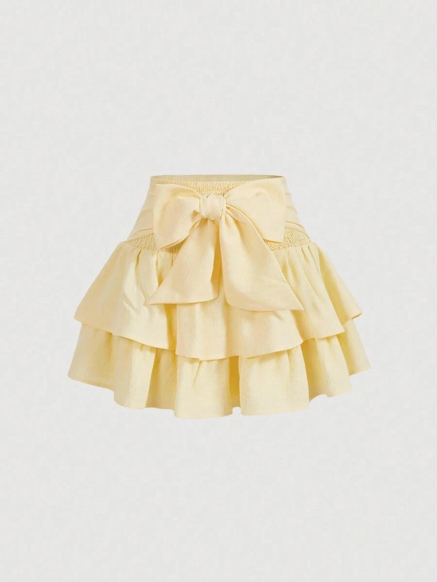 SHEIN MOD Yellow Tied Bow Layered Ruffle Hem A-Line Skirt, Summer | SHEIN