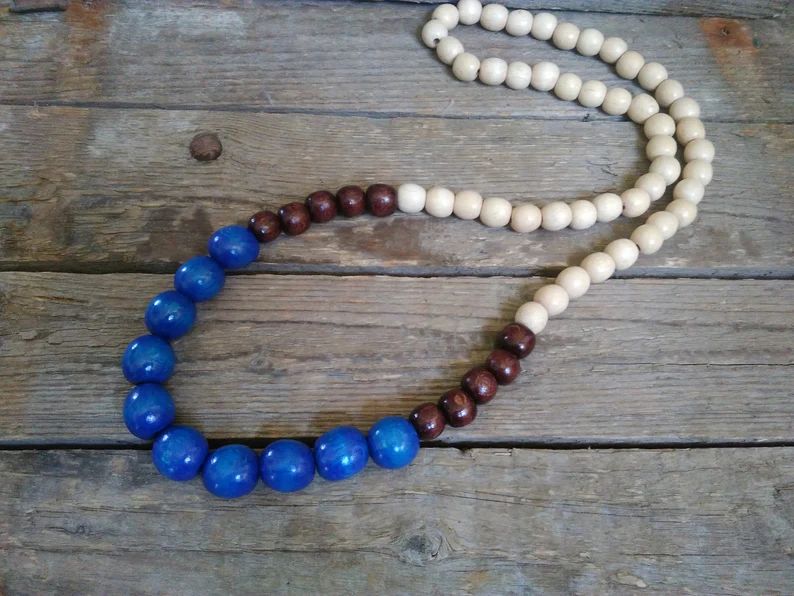 Blue/beige wooden necklace,layering beads necklaces for woman,wood bead necklace,Long wooden neck... | Etsy (AU)