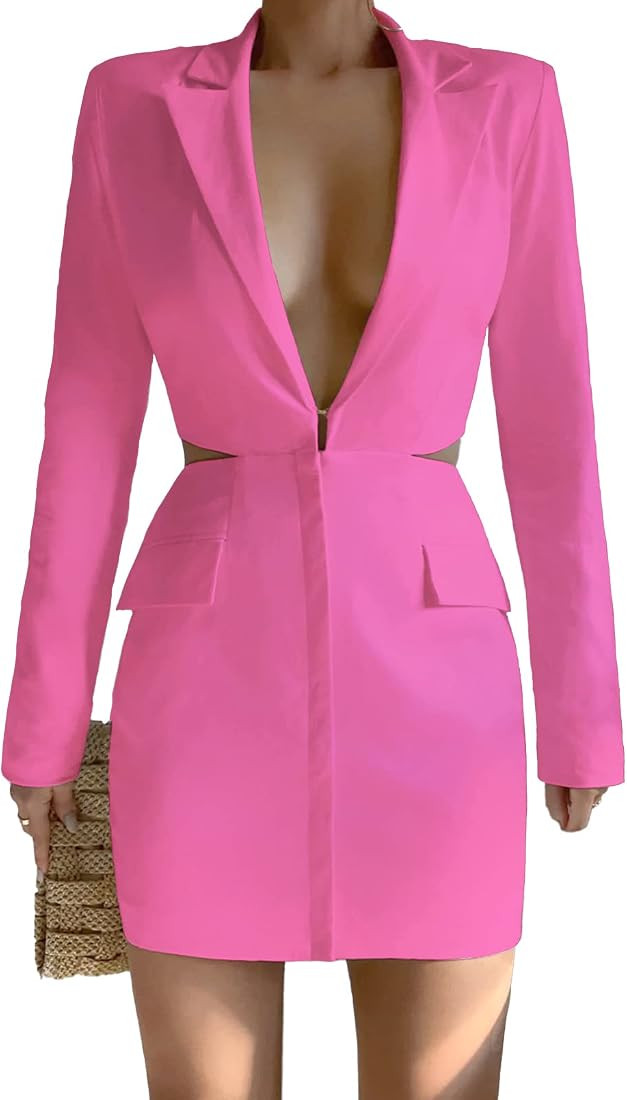 ARTFREE Long Sleeve Blazer Dress for Women 2023 Solid Color Elegant V Neck Lapel Blazer Dress Min... | Amazon (US)