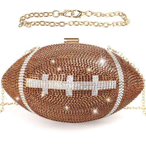 LADIHAB Football Purse Rhinestone Sparkly Glitter Clutch Purses for Women Evening Bling Bag Crystal Rugby Ball Shaped Novelty Purse for Party,Brown | Amazon (US)