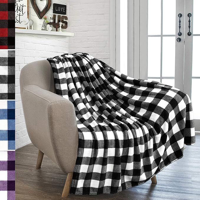 PAVILIA Buffalo Checker Throw Blanket for Sofa Couch | Soft Flannel Fleece White Black Checkered ... | Amazon (US)